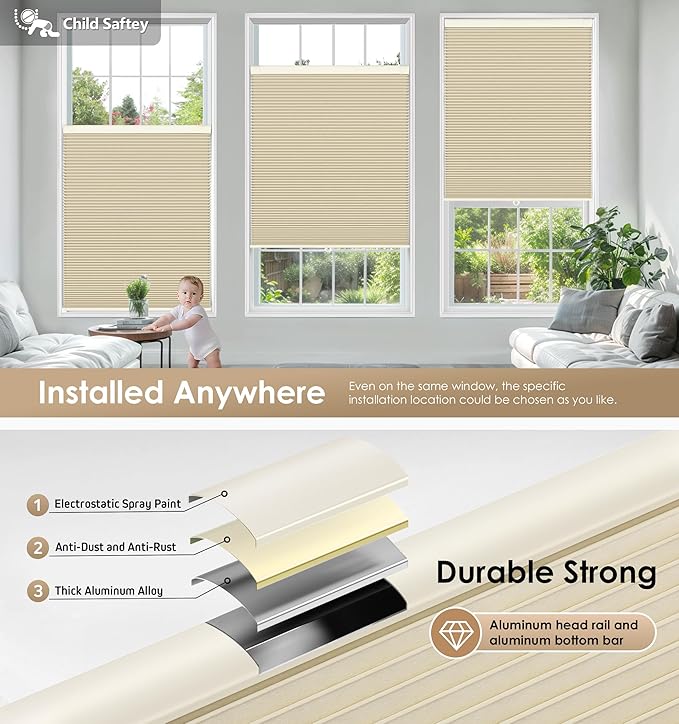 LazBlinds No Tools No Drill Cordless Cellular Shades, Blackout Light Blocking Honeycomb Shades for Home, Thermal Insulation Blinds for Windows, 41" W x 64" H, Beige
