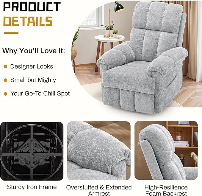 Recliner Chair, Swivel Rocker Recliner Chair for Adults, Small Recliners for Small Spaces, Manual Recliner Chair with Side Pockets, Nursery Rocking Chair for Living Room, Chenille, Silver Grey
