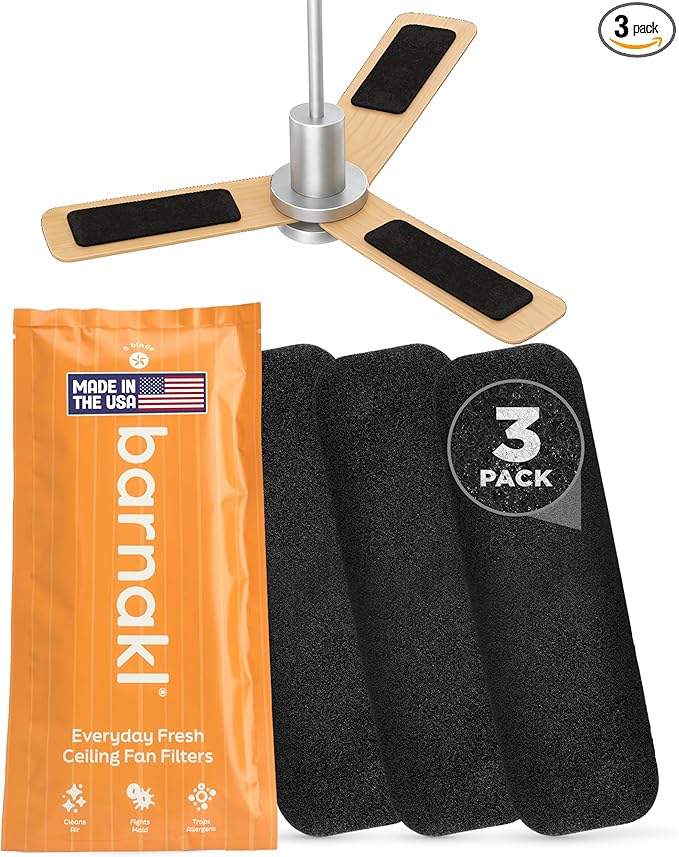 Barnakl Ceiling Fan Air Purifier Pads, Activated Coconut Shell Carbon Filters Trap Dust, Odors & Allergens, Easy-Stick Universal Fit for Ceiling Fan Blades, Odorless & Unscented - 3 Count