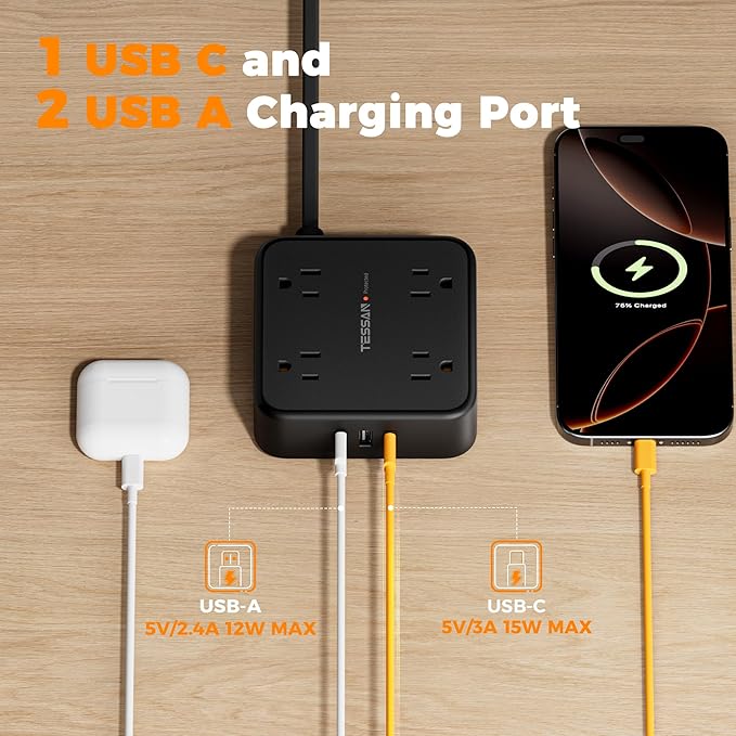 TESSAN Surge Protector Power Strip, 10 Ft Flat Plug Extension Cord with 3 USB (1 USB C) 8 Outlets, 1250W, 900J Protection, 3 Sided Outlet Extender with Power Switch for Office, Dorm Room, Black