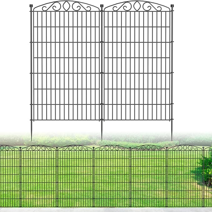 5 Panel No Dig Decorative Garden Fence - 48in H x 11.6 ft L, Tall Animal Barrier for Dogs Rabbits, Rustproof Metal Wire Panels for Yard, Patio, and Outdoor Border Use