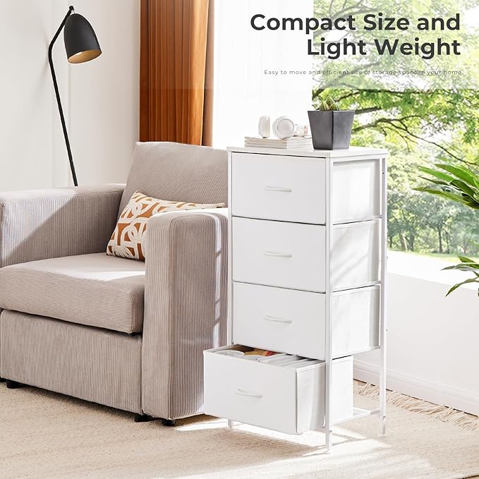 Dresser for Bedroom with 4 Drawers, Anti-Tip Tall Fabric Chests Storage Organizer Tower Furniture with Wooden Top Metal Frame for Clothes, Closet, Living Room, Hallway, Entryway