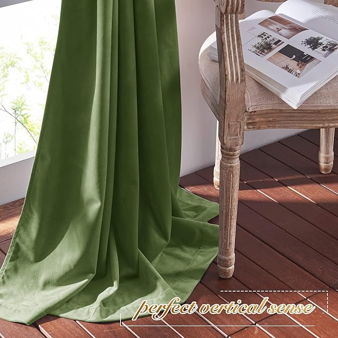 NICETOWN Moss Green Velvet Curtains and Drapes, Thermal Insulated Soft Window Treatments for Bedroom Living Room, Room Darkening Drapes, 52" x 84", 2 Panels