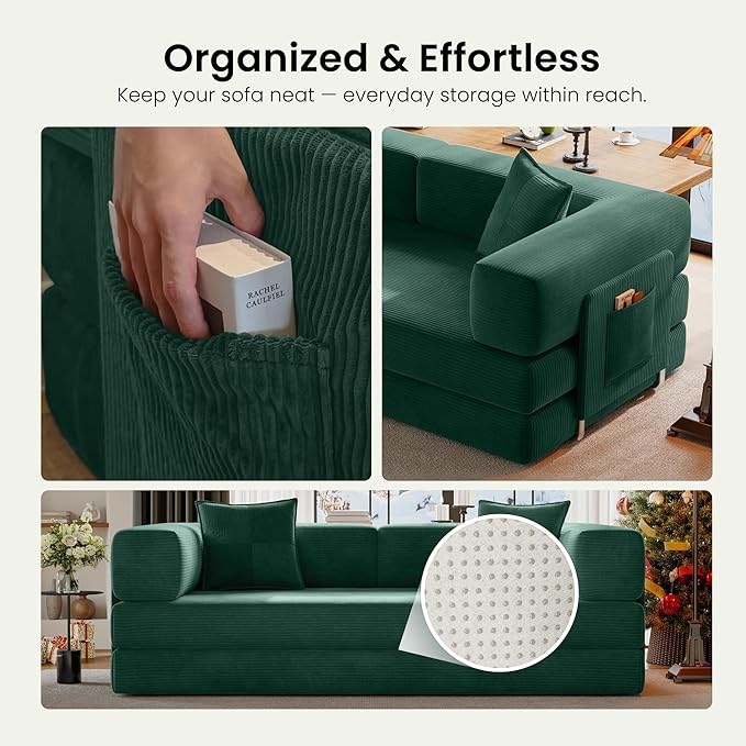 78.8" Convertible Sofa Bed,Corduroy Futon Couch with Storage Pocket,Folding Pull Out Futon Sofa,No Assembly Boneless Couch for Living Room, Emerald Green | Convertible Sofa Bed, Boneless Couch, sofa for living room, sleeper sofa, modular sofa