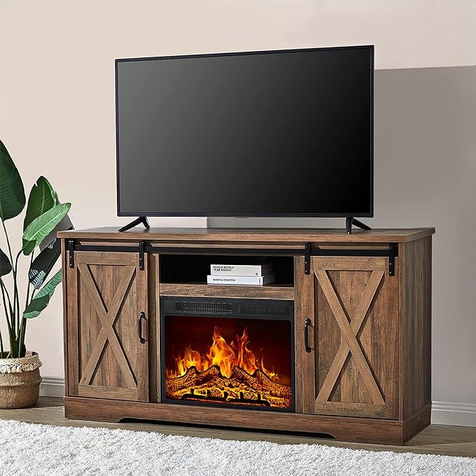 AMERLIFE Fireplace TV Stand with Sliding Barn Door for TVs up to 65", Farmhouse 59" Fireplace Entertainment Center with Storage Cabinets/Adjustable Shelves, Barnwood