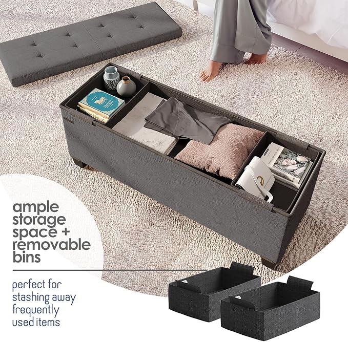 Storage Ottoman Bench with Bins, 43-in Storage Bench for Bedroom End of Bed, Folding Foot Rest Ottoman for Living Room Max 660lbs, Fabric Ottomans, Grey