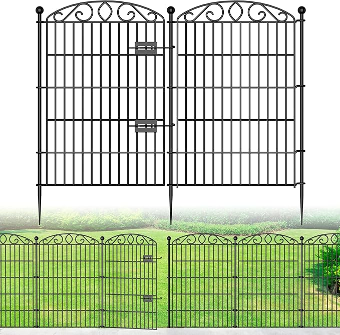12 Panel Garden Fence with Gate - 36in H x 24.9ft L, No Dig Rustproof Metal Tall Animal Barrier for Dogs Rabbits, Decorative Outdoor Border for Yard, Patio, and Flower Beds