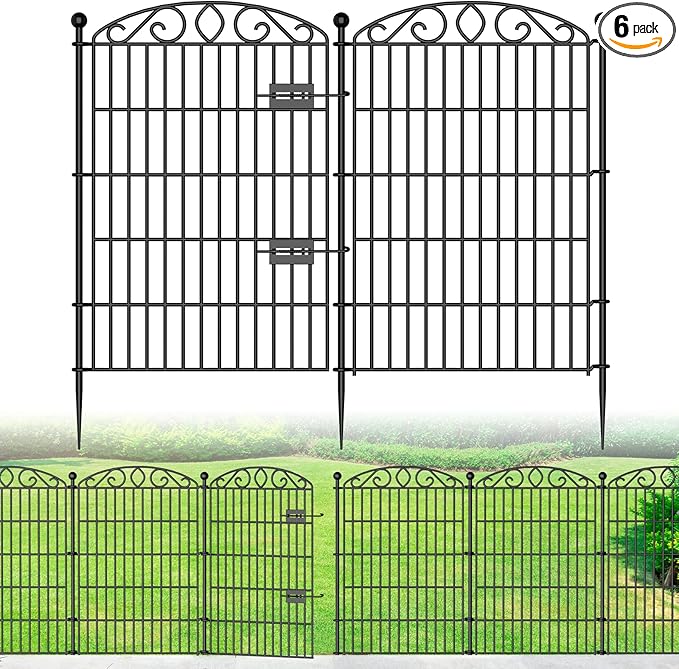 No Dig Decorative Garden Fence 6 Panel with Gate - 36in H x 12ft L, Tall Animal Barrier for Dogs Rabbits, Rustproof Metal Wire Panels for Yard, Patio, and Outdoor Border Use