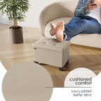 Storage Ottoman Cube with Small Bin, 16-in Square Ottoman with Storage for Living Room and Bedroom, Small Ottomans Foot Rest, Leather Foot Stools Ottomans Max 330lbs, Beige