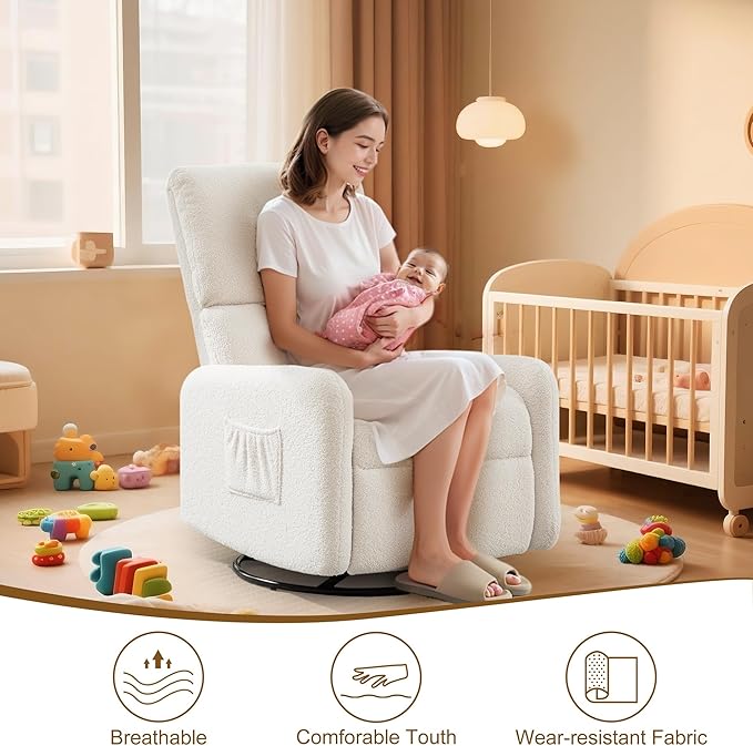 360° Rocking Chair, Nursery Rocker Chair with Side Pockets, Glider Nursing Chair with Steel Structure Base, Small Chair for Small Spaces, Sherpa Swivel Accent Chairs for Living Room, Nursing