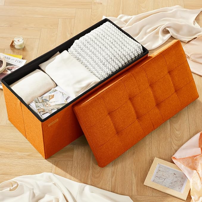 HAUSFRAU - 30 Inches Storage Ottoman Bench with Flipping Lid, Foldable Storage Chest Foot Rest for Living Room, Bedroom, Entryway, Load 660 lb, Linen Orange