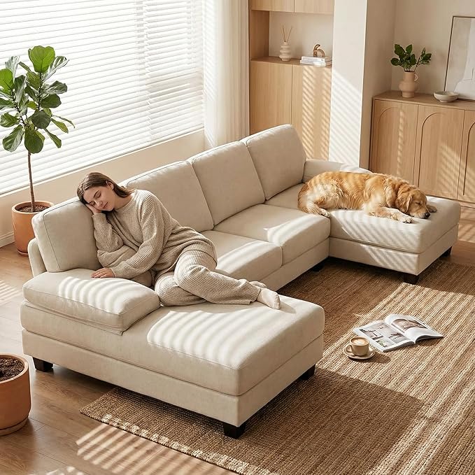 Homall Sectional U Shaped Sofa Couches for Living Room, Comfy Chenille 4 Seat Sofa Set with Removable Pillows, Lounge Chaise Upholstered Couch for for Apartment (Chenille, White)