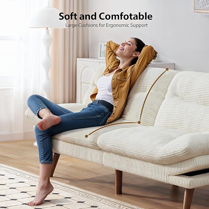 Pipishell Futon Sofa Bed, 75 Inch Corduroy Futon Couch Convertible with Adjustable Backrest and Armrests, Recliner Sleeper Sofa for Small Spaces, Living Room, Office, Guest Room (White, 75 Inch) | Adjustable