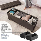 Storage Ottoman Bench with Bins, 43-in Storage Bench for Bedroom End of Bed, Folding Foot Rest Ottoman for Living Room Max 660lbs, Faux Leather Ottomans, Brown