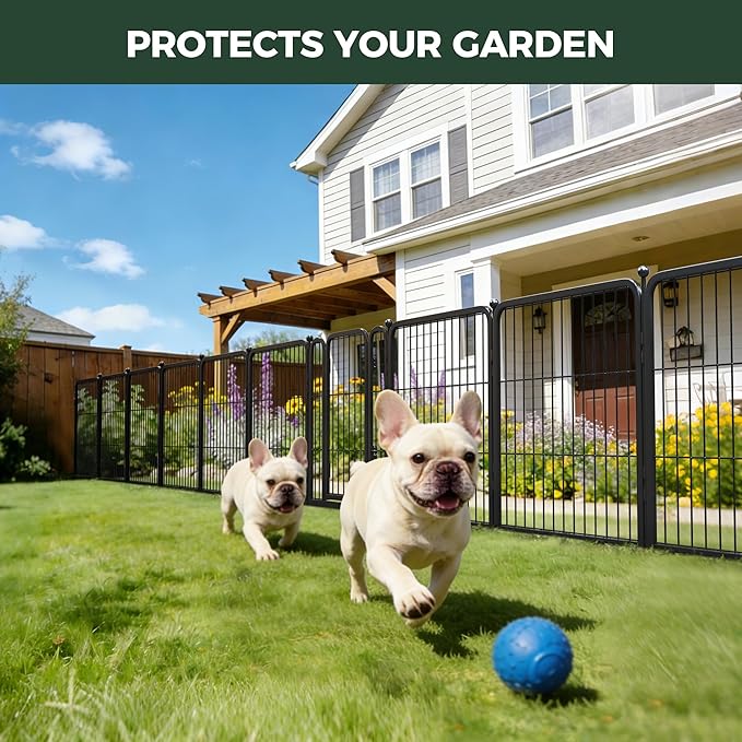 FXW Garden Fence Outdoor for The Yard – 24in(H) x 22.8ft(L) Heavy Duty Metal Animal Barrier for Dog and Rabbit, Decorative Dog Fence, 12 Panels, Black