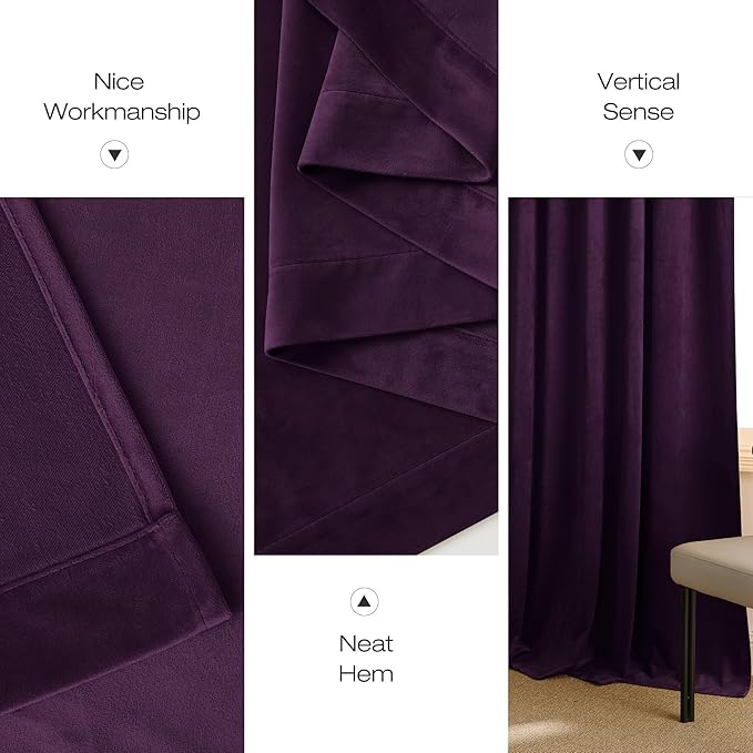 NICETOWN Blackout Purple Gothic Velvet Curtains 96 inch Long, Dark Purple - Rod Pocket Drapes Soft Window Treatments for Bedroom and Living Room(2 Panels, 52" Wide)