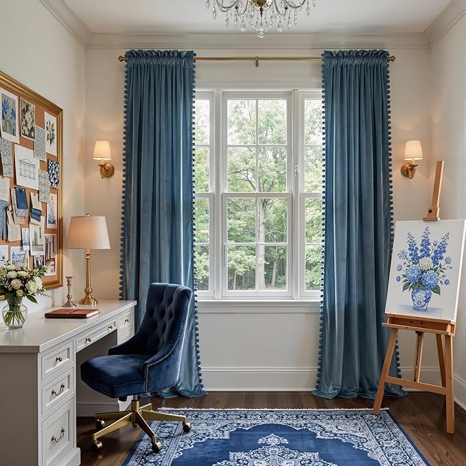 NICETOWN Slate Blue Velvet Curtains 84 Inch Length – Pom Pom Room Darkening Drapes for Nursery & Boys Room, Thermal Insulated Soft Window Treatments, 52" W x 84" L, 2 Panels