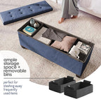 Storage Ottoman Bench with Bins, 43-in Storage Bench for Bedroom End of Bed, Folding Foot Rest Ottoman for Living Room Max 660lbs, Leather Ottomans, Blue