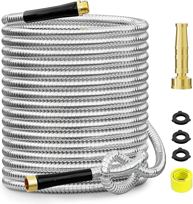SPECILITE 150 FT Garden Hose, 304 Stainless Steel Metal Heavy Duty Flexible Water Pipe, Kink Free, Durable, Lightweight for Yard, Outdoor with Rubber Grip