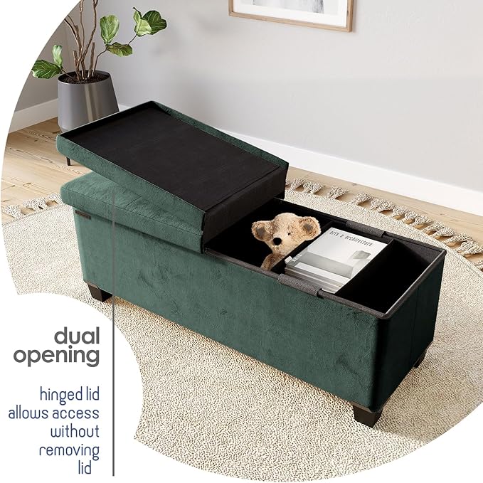 Storage Ottoman Bench with Bins, 43-in Storage Bench for Bedroom End of Bed, Folding Foot Rest Ottoman for Living Room Max 660lbs, Velvet Ottomans, Green