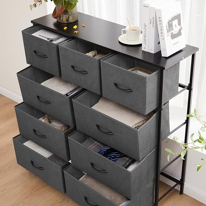 Dresser for Bedroom with 9 Drawers, Anti-Tip Tall Fabric Chests Storage Organizer Tower Furniture with Wooden Top Metal Frame for Clothes, Closet, Living Room, Hallway, Entryway