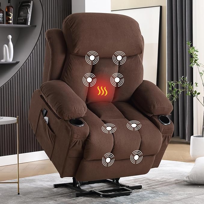 Power Lift Recliner Chair for Elderly with Vibration Massage and Lumbar Heating, Electric Lift Recliner Single Sofa with Side Pocket, Two Cup Holders and USB Charge Port for Living Room