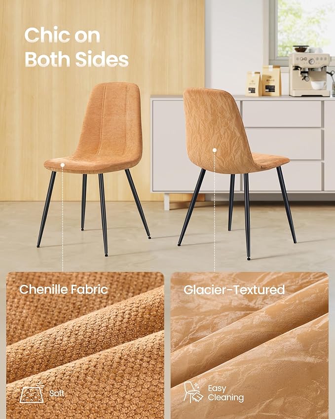 VASAGLE Set of 4 Dining Chairs, Dining Room Kitchen Chairs, Metal Frame, Adjustable Feet, Easy to Clean, Chenille Fabric, Glacier-Textured Synthetic Leather, Caramel Brown UKDC187K01-2J