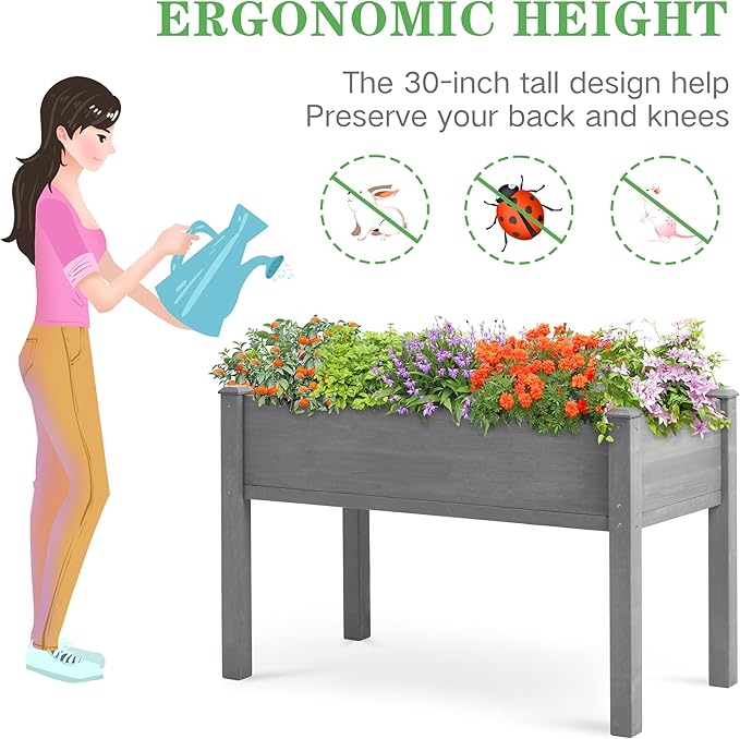Raised Garden Bed with Legs (48x24x30''), Solid Wood Elevated Planter Box for Outdoor