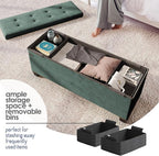 Storage Ottoman Bench with Bins, 43-in Storage Bench for Bedroom End of Bed, Folding Foot Rest Ottoman for Living Room Max 660lbs, Velvet Ottomans, Green