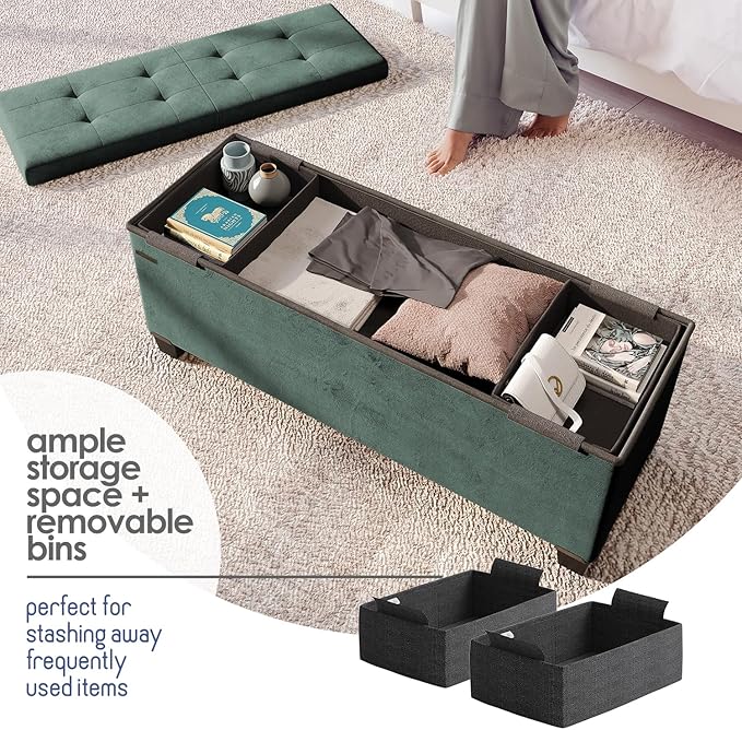 Storage Ottoman Bench with Bins, 43-in Storage Bench for Bedroom End of Bed, Folding Foot Rest Ottoman for Living Room Max 660lbs, Velvet Ottomans, Green
