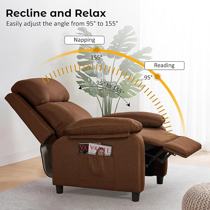 Recliner Chair, Reading Chair for Adults with Side Pockets, Recliners with Padded Deep Seat, Small Recliners for Small Spaces, Linen Fabric Comfy Chair for Bedroom, Living Room, and RV