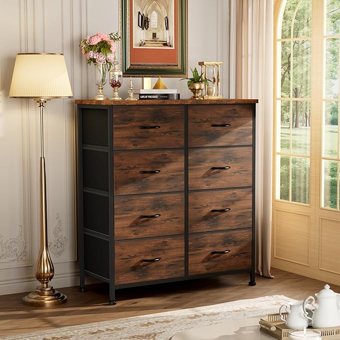 Dresser for Bedroom with 8 Drawers, Anti-Tip Tall Fabric Chests Storage Organizer Tower Furniture with Wooden Top Metal Frame for Clothes, Closet, Living Room, Hallway, Entryway