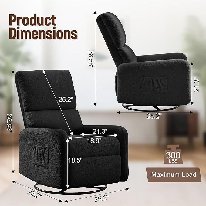 360° Rocking Chair, Nursery Rocker Chair with Side Pockets, Glider Nursing Chair with Steel Structure Base, Small Chair for Small Spaces, Sherpa Swivel Accent Chairs for Living Room, Nursing