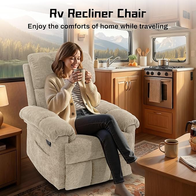 Recliner Chair, Swivel Rocker Recliner Chair for Adults, Small Recliners for Small Spaces, Manual Recliner with Side Pockets, Upholstered Nursery Rocking Chair for Living Room, Chenille, Khaki