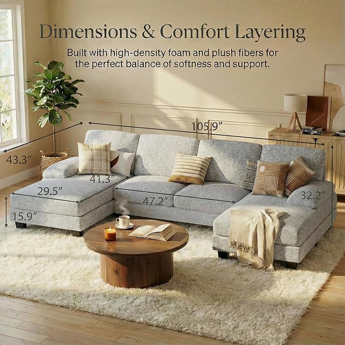 Homall Modular Sectional U Shaped Sofa Couches for Living Room, Comfy Linen Fabric 4 Seat Sofa Set with Removable Pillows, Lounge Chaise Upholstered Couch for for Apartment (Loop Yarn, Pearl Gray)
