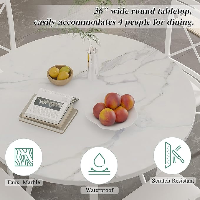 VECELO 36" Round Dining Table for 4, Faux Marble Dinette with Metal Frame for Kitchen, Apartment, Home, Space-Saving, Off White