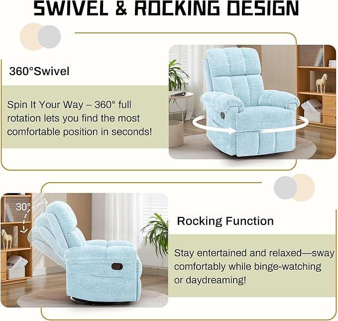 Recliner Chair, Swivel Rocker Recliner Chair for Adults, Small Recliners for Small Spaces, Manual Recliner with Side Pockets, Upholstered Nursery Rocking Chair for Living Room, Chenille, Blue