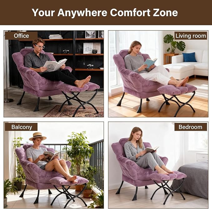 Welnow Lazy Chair with Ottoman, Modern Accent Chair with Armrests and a Side Pocket, Leisure Sofa Armchair Set, Reading Armchair with Footrest for Small Space, Plush Purple