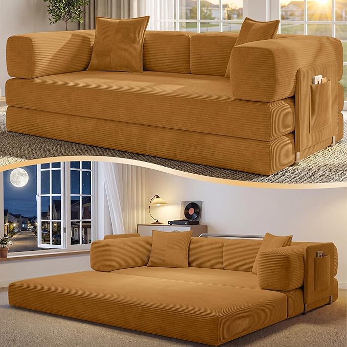 78.8" Convertible Futon Sofa Bed,Corduroy Futon Couch with Storage Pocket,Folding Pull Out Sofa,No Assembly Boneless Couch for Living Room,Yellow