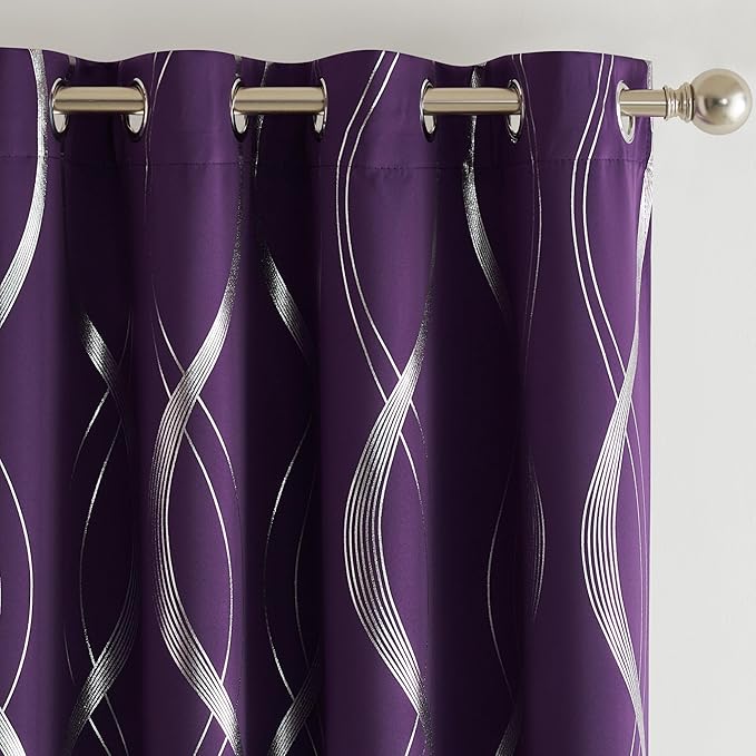 NICETOWN Royal Purple Blackout Curtains 84 inch Long for Living Room, Gothic Vibe for Wave Line Foil Print Design Drapes for Home Decoration Wall Cover, 2 Panels