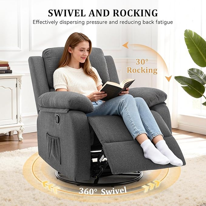 Recliner Chair, 360 Swivel Rocker Chair for Adults, Small Rocking Recliner for Small Spaces, Upholstered Fabric Glider Recliner Nursery (Swivel Rocker Recliner, Grey)