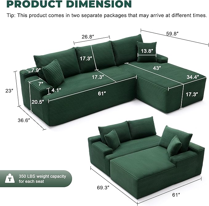 Cloud Sectional Sofa, Boneless Couch for Living Room, Modular Sectional Sofa with Deep Seat, Fluffy L-Shaped Comfy Couch with Right-Facing Chaise, No Assembly Required, Green