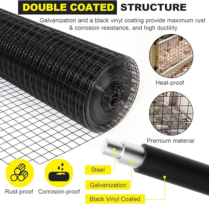 FORIMO 24'' x 50' 1/4inch Hardware Cloth 19 Gauge Black Vinyl Coated Welded Fence Mesh for Home and Garden Fence and Home