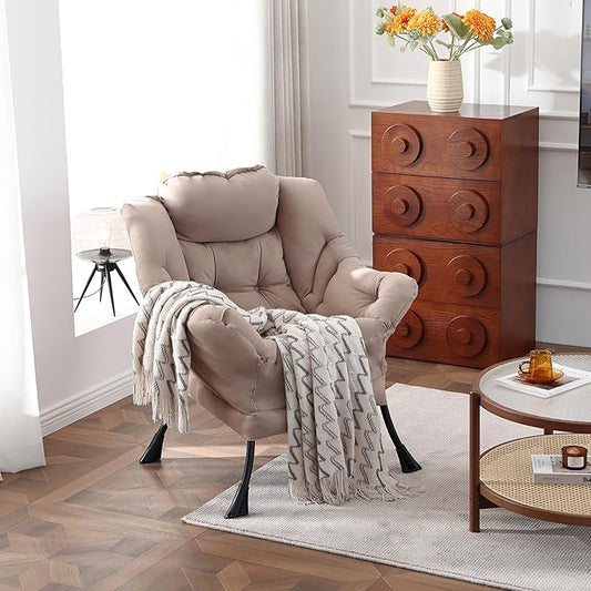 Welnow Lazy Chair for Living Room, Modern Reading Accent Chair with Armrests and a Side Pocket, Leisure Upholstered Lazy Sofa for Small Space, Bedroom, Dorm, Khaki
