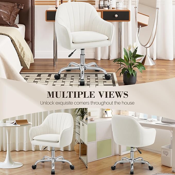 Vanity Chair with Wheels, Comfy Home Office Desk Chairs Adjustable Modern Velvet Makeup Vanity Chairs for Bedroom Living Room-Beign