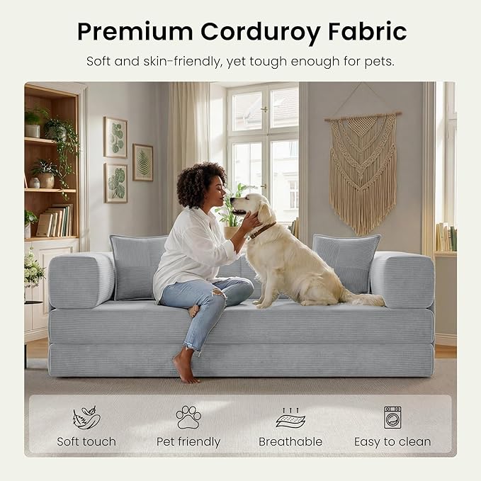 78.8" Convertible Futon Sofa Bed,Corduroy Futon Couch with Storage Pocket,Folding Pull Out Sofa,No Assembly Boneless Couch for Living Room,Grey
