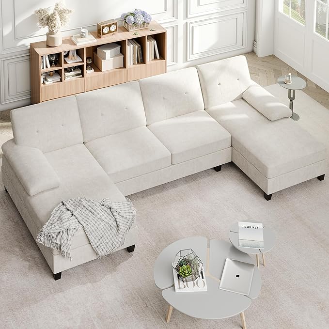Shintenchi U-Shaped Sectional Couches for Living Room, 4 Seat Sofa with Double Chaise Lounges,Solid Wood Frame Sectional Sofa for Apartment,White