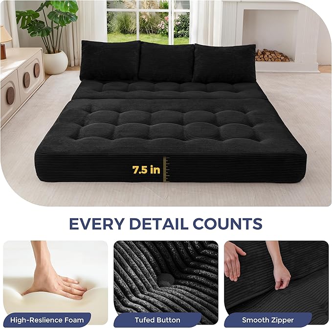 MAXYOYO Folding Sofa Couch, Convertible Floor Sleeper Couch with 2 Pillows, Tufted Floor Oversized Loveseat Couch Tufted Fold Out Chair Bed Comfy Sofa Lounge for Living Room Bedroom, Black
