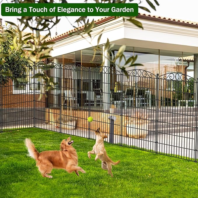 12 Panel No Dig Decorative Garden Fence - 42in H x 26.5 ft L, Tall Animal Barrier for Dogs Rabbits, Rustproof Metal Wire Panels for Yard, Patio, and Outdoor Border Use