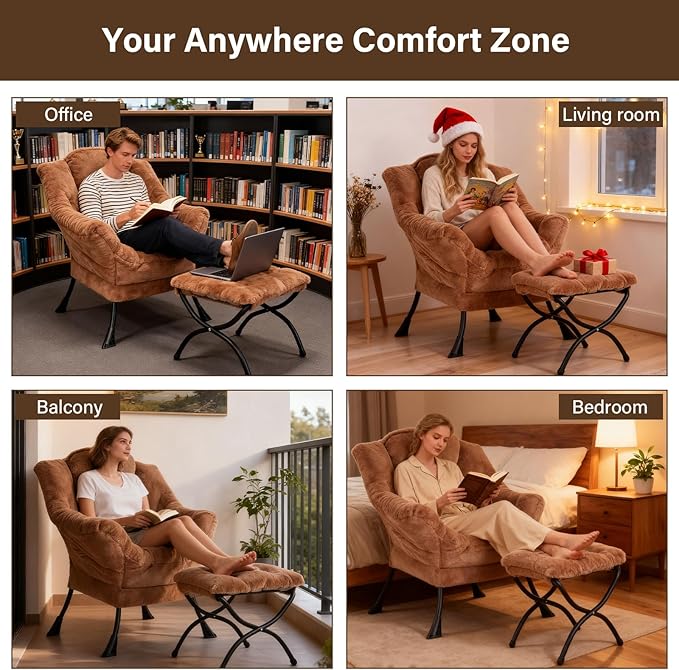 Welnow Lazy Chair with Ottoman, Modern Accent Chair with Armrests and a Side Pocket, Leisure Sofa Armchair, Reading Armchair with Footrest for Small Space, Plush Brown